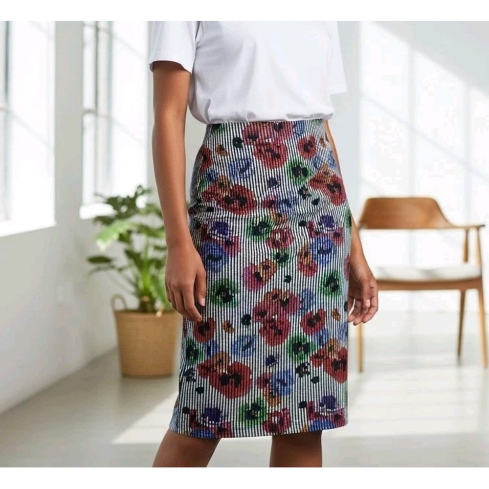 Zara Pencil Skirt Small Multicolor Floral Striped Textured Midi Trendy Eclectic